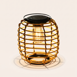 Woven Solar Lantern — Sparse Rattan with filament bulb lit