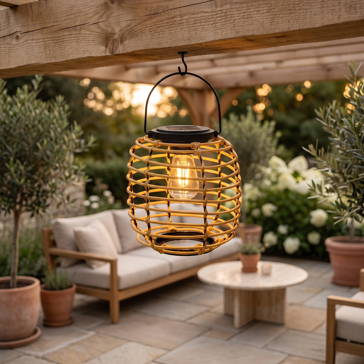 Woven Solar Lantern — Sparse Rattan hanging under a pergola