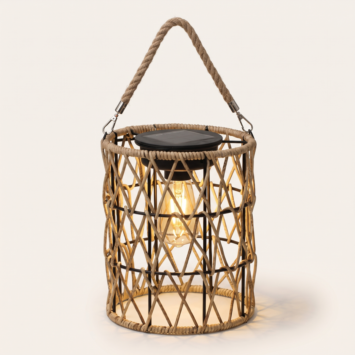 Woven Solar Lantern — X-Shaped with filament bulb and rope hanger