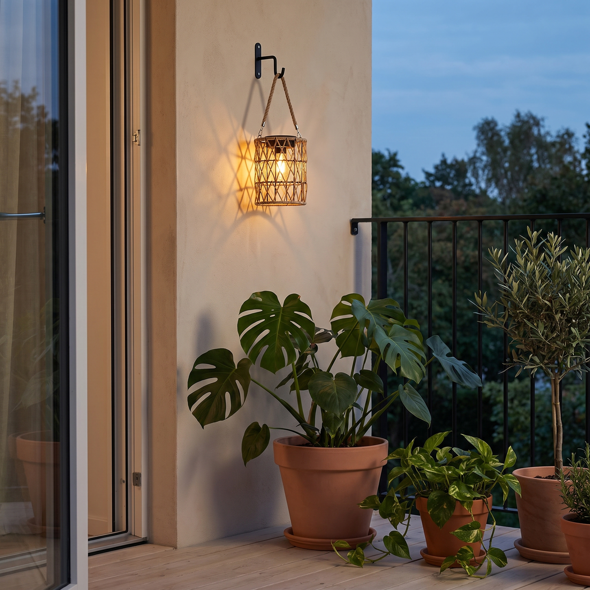 Woven Solar Lantern — X-Shaped hanging on a balcony wall