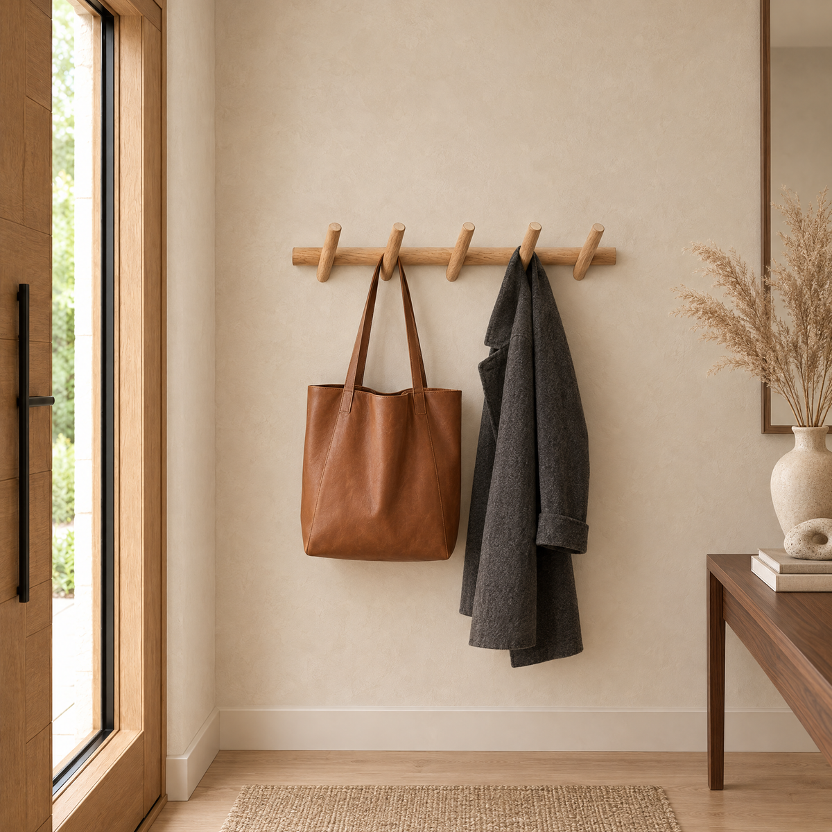 Amble Oak Coat Rack — five-peg wall coat rack in a modern entryway