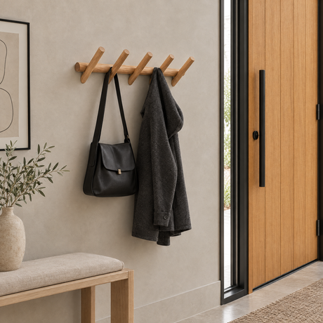Amble Oak Coat Rack — five-peg coat rack beside a bench and front door