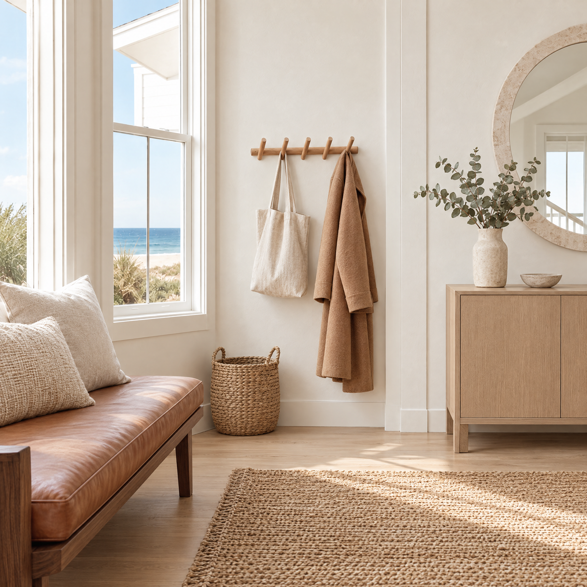 Amble Oak Coat Rack — five-peg coat rack in a bright coastal hallway