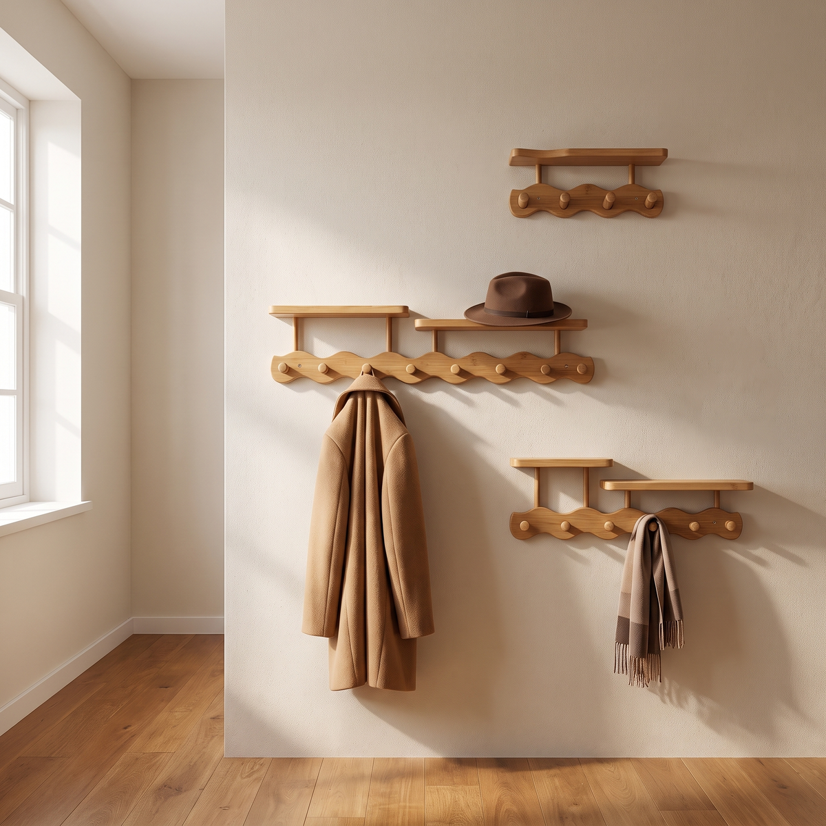 Haven Bamboo Wall Rack — mounted in a hallway with coat and hat