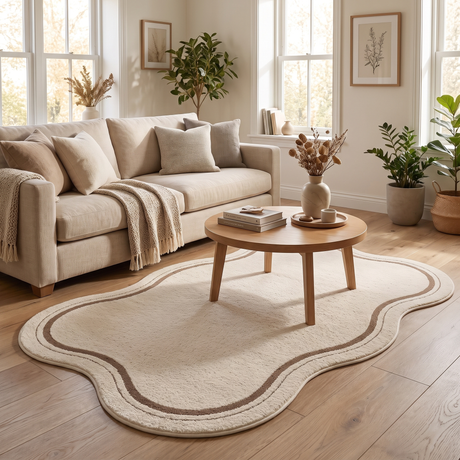 Arden Curve Area Rug — in a living room with sofa and coffee table