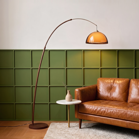 Linden Arc Floor Lamp — green panel lifestyle