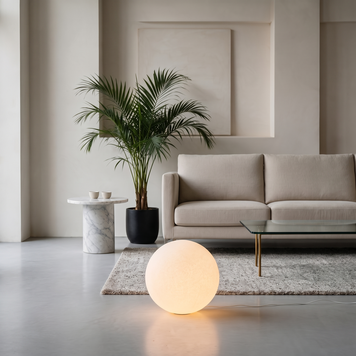Luna Sphere Floor Lamp in front of a sofa with a marble side table and palm
