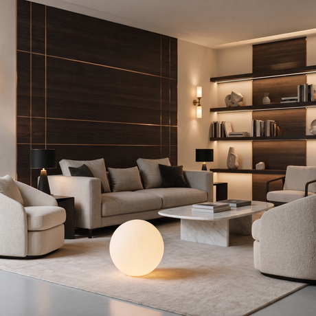 Luna Sphere Floor Lamp in a living room with dark panelled wall and lit bookshelves