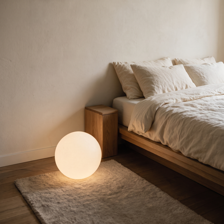Luna Sphere Floor Lamp beside a linen bed in a calm bedroom