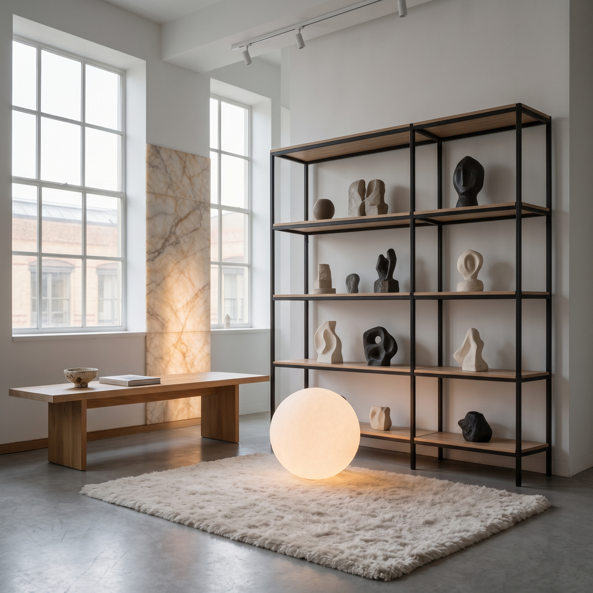 Luna Sphere Floor Lamp next to an open shelf of sculptural objects