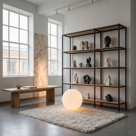 Luna Sphere Floor Lamp next to an open shelf of sculptural objects