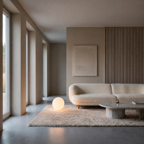 Luna Sphere Floor Lamp 30 cm beside a curved cream sofa in a minimalist living room