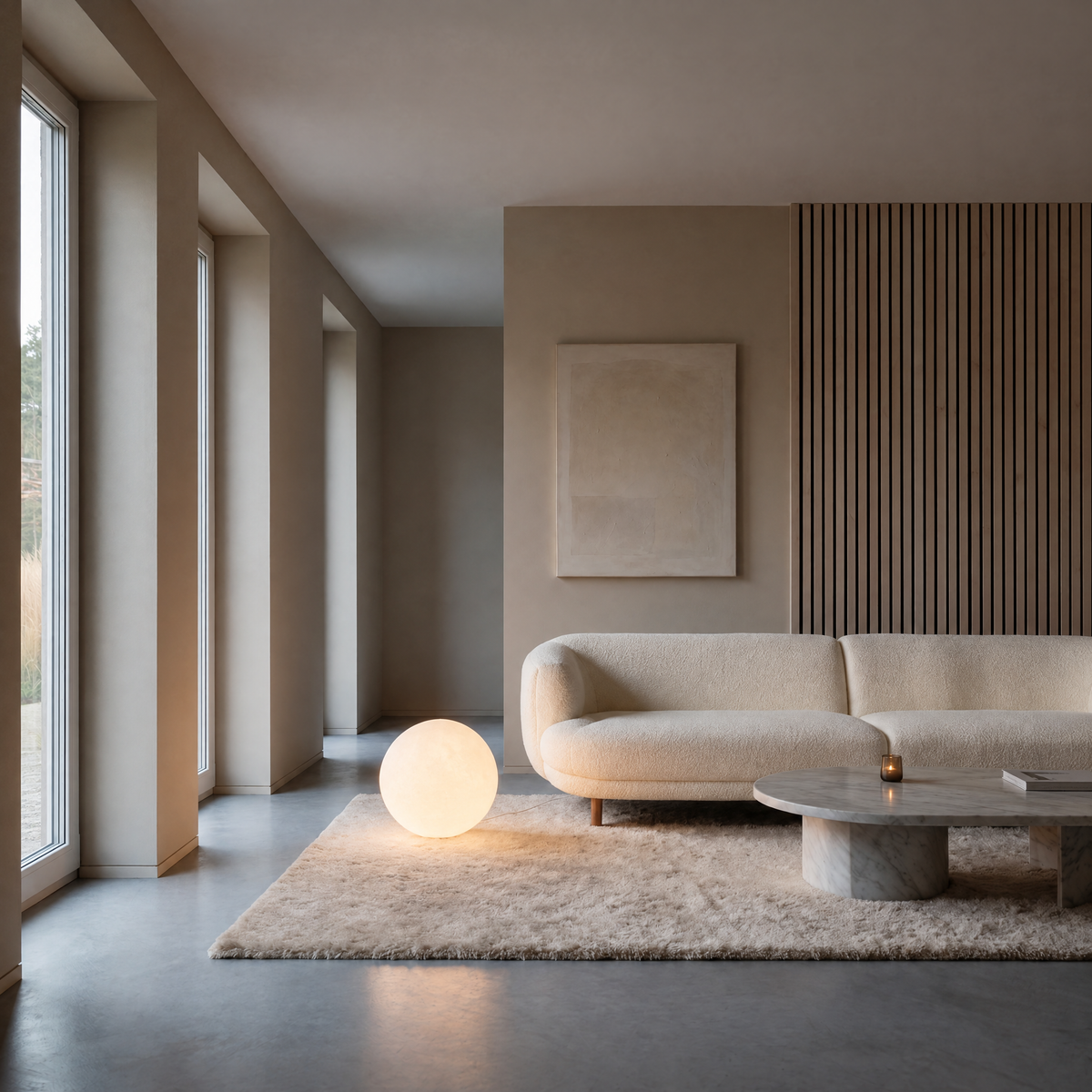 Luna Sphere Floor Lamp 40 cm beside a curved cream sofa in a minimalist living room