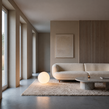 Luna Sphere Floor Lamp 40 cm beside a curved cream sofa in a minimalist living room