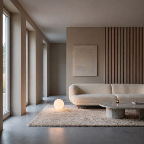 Luna Sphere Floor Lamp 25 cm beside a curved cream sofa in a minimalist living room