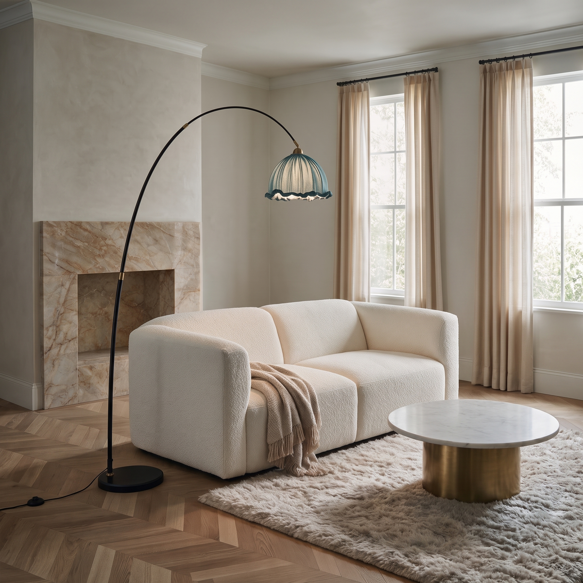 Arden Arc Floor Lamp — fireplace room lifestyle