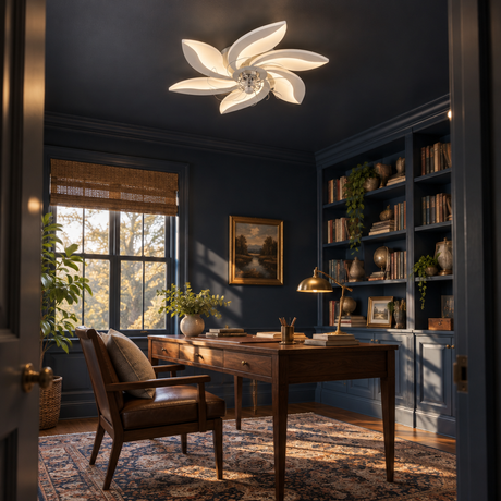 Decorative Ceiling Fan — White fan in navy study