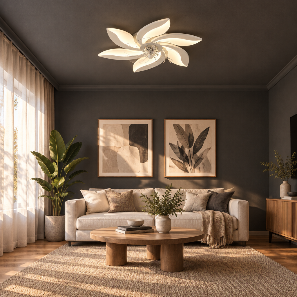 Decorative Ceiling Fan — White fan in charcoal living room
