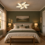 Decorative Ceiling Fan — White fan in sage-green bedroom
