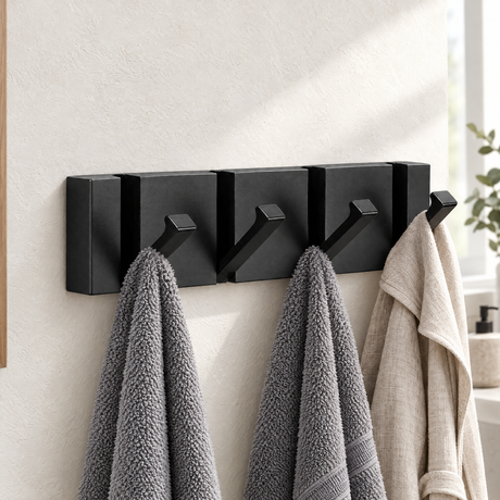Foldable Hook Rack — All black, 4 hooks, gray towels and robe