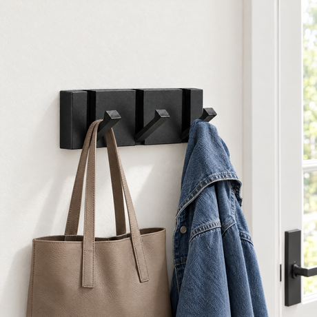 Foldable Hook Rack — All black, 3 hooks, tote and denim jacket