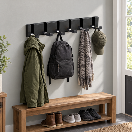 Foldable Hook Rack — All black, 6 hooks, parka, backpack and scarf in a mudroom