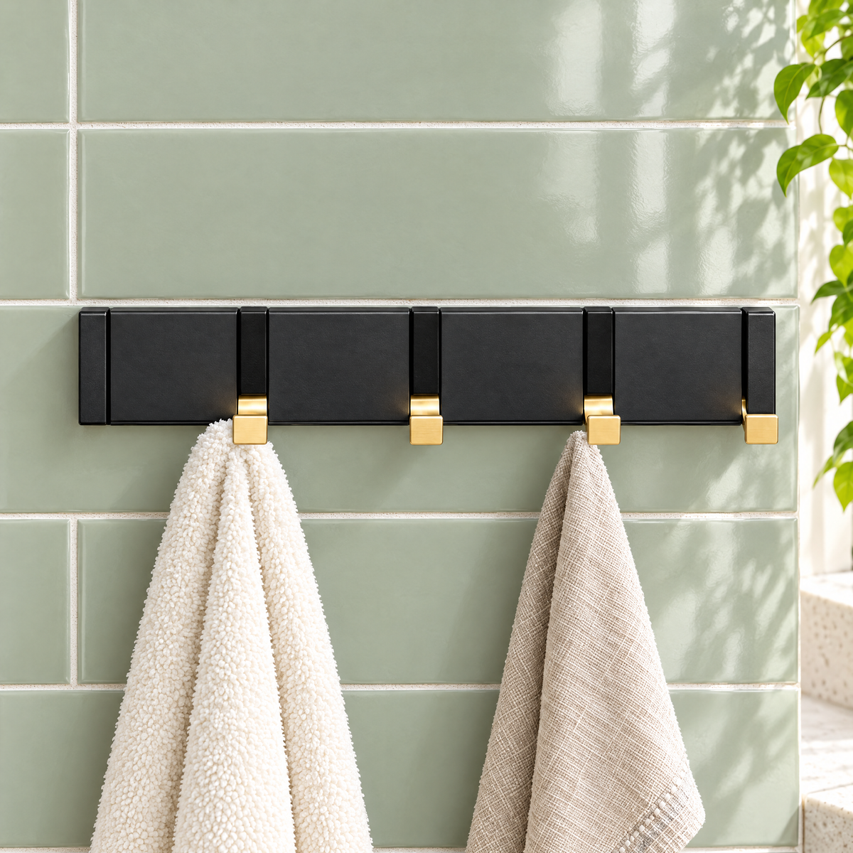 Foldable Hook Rack — Black/Gold, 4 hooks, towels on a green tiled wall