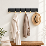 Foldable Hook Rack — Black/Gold, 6 hooks, robe, cardigan and straw hat above a bench