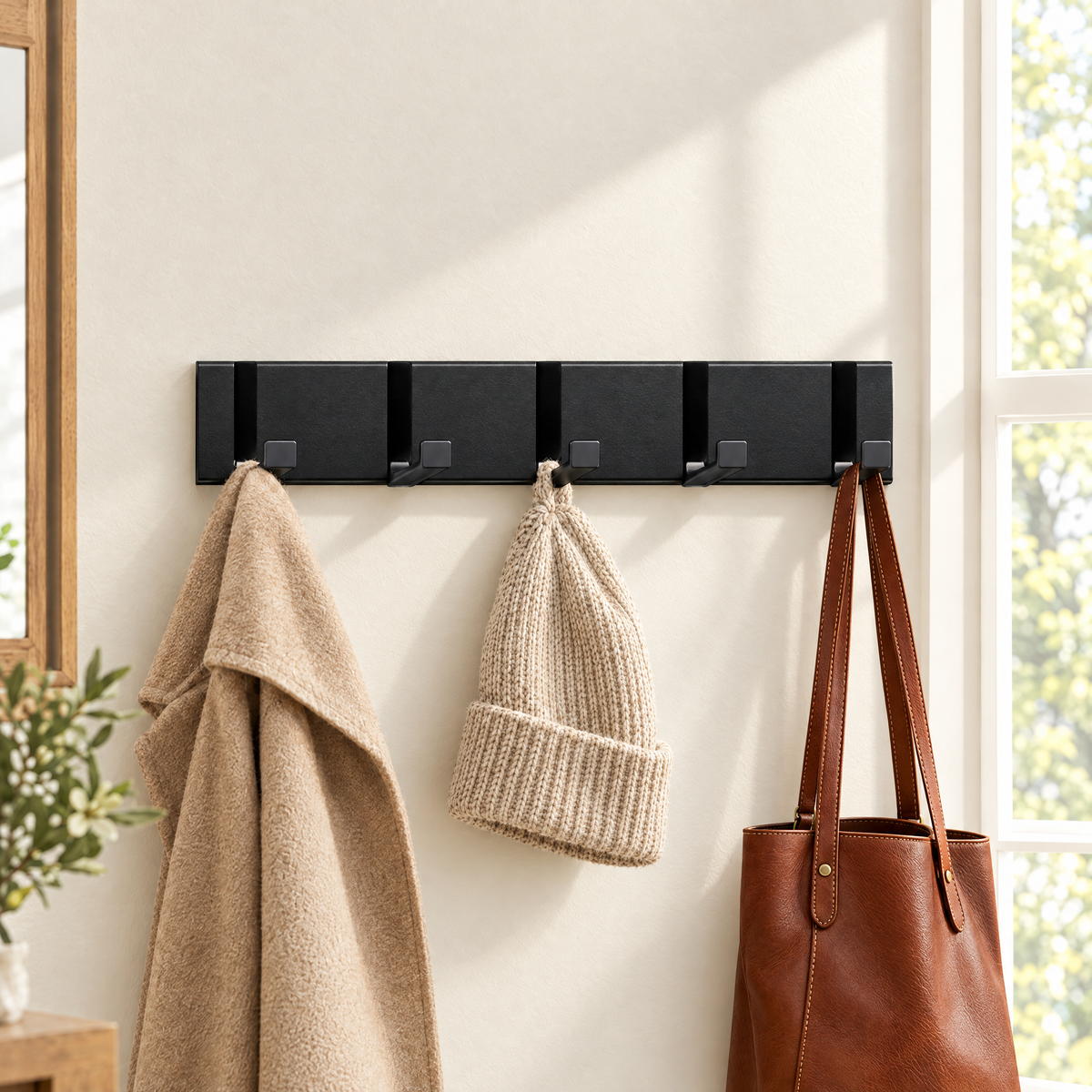 Foldable Hook Rack — All black, 5 hooks, coat, hat and leather bag