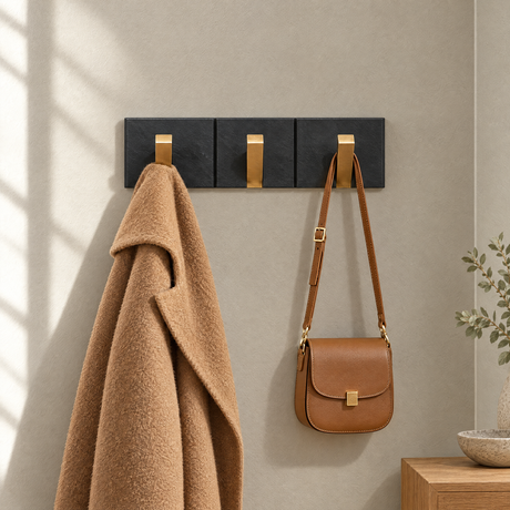Foldable Hook Rack — Black/Gold, 3 hooks, camel coat and bag in entryway
