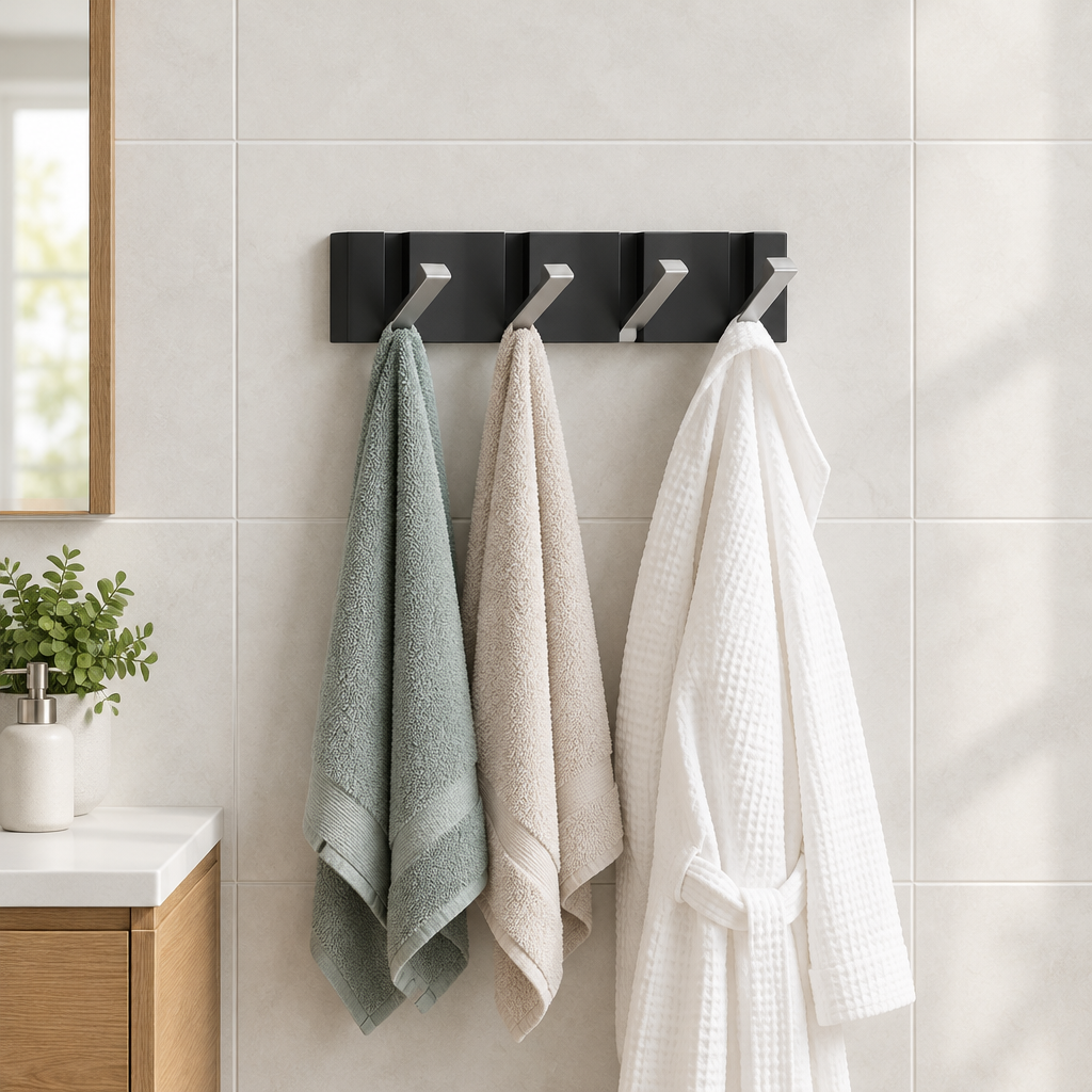 Foldable Hook Rack — Black rail, silver hooks, 4 hooks, towels and robe in bathroom