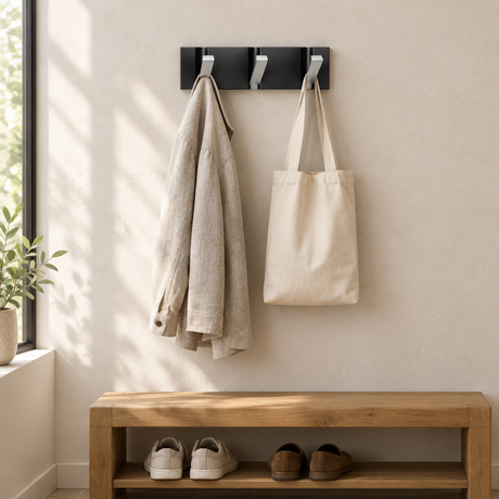 Foldable Hook Rack — Black rail, silver hooks, 3 hooks, linen jacket and tote in entryway