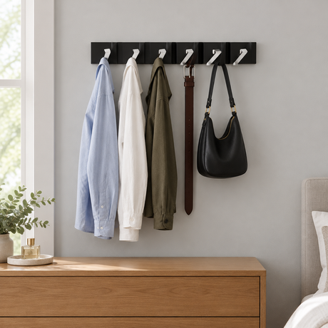 Foldable Hook Rack — Black rail, silver hooks, 6 hooks, shirts, belt and handbag in dressing nook
