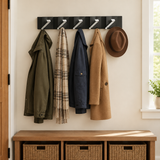 Foldable Hook Rack — Black rail, silver hooks, 5 hooks, coats, scarf and hat in mudroom