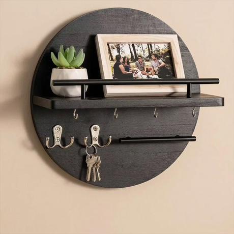 Round Wall Organizer in Black with shelf and hook bar