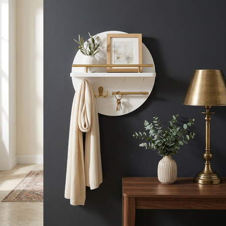 Round Wall Organizer in White/Gold on a charcoal entryway wall