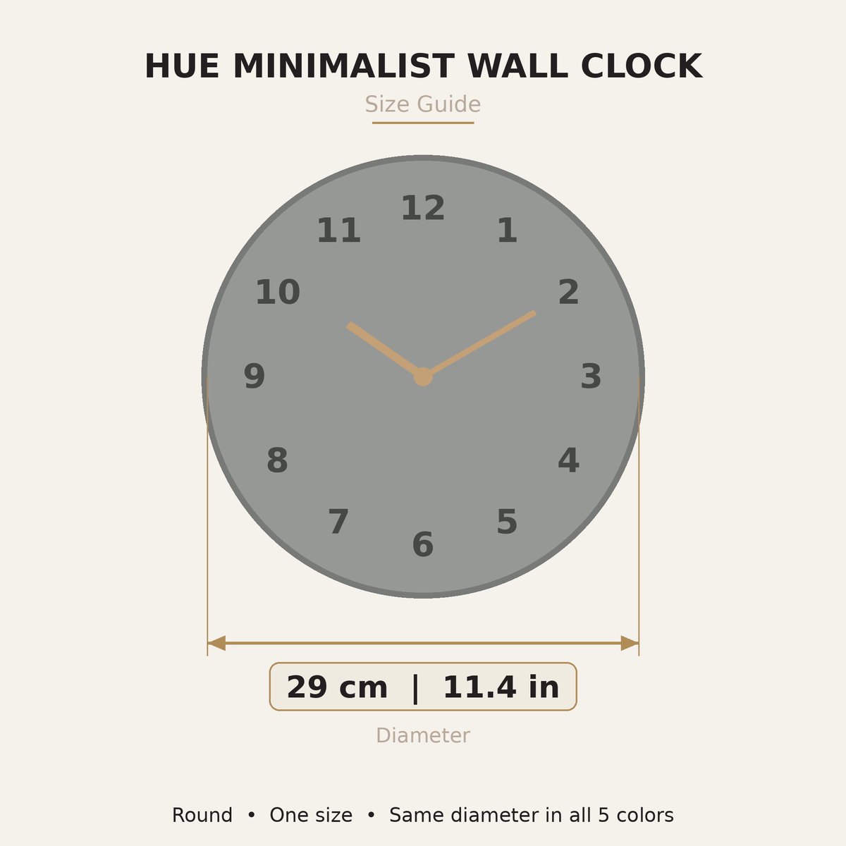 Hue Minimalist Wall Clock — size diagram, 29 cm (11.4 in) diameter