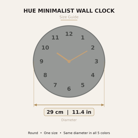 Hue Minimalist Wall Clock — size diagram, 29 cm (11.4 in) diameter