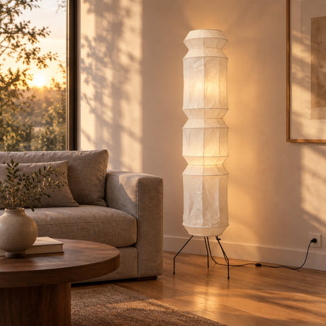 Kyoto Washi Paper Floor Lamp — living room at golden hour, lamp on