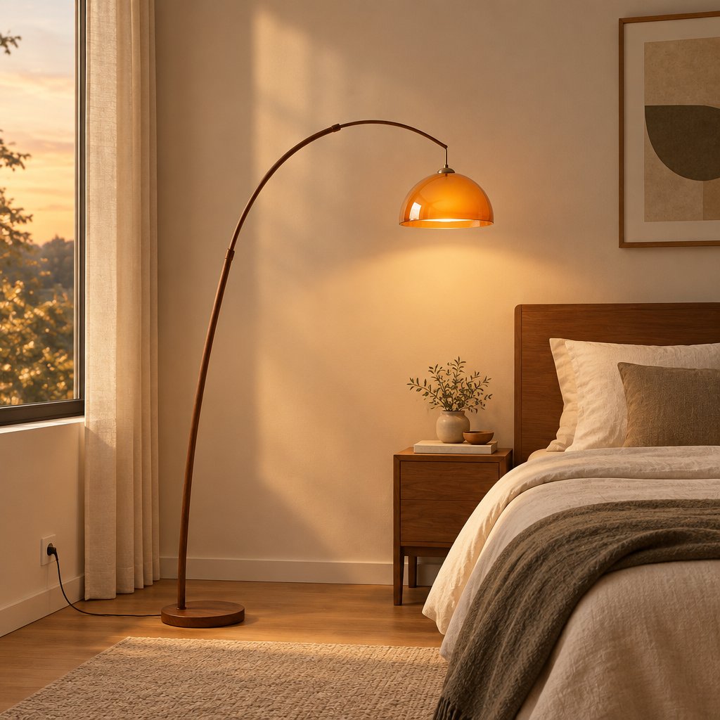 Linden Arc Floor Lamp — bedroom in early evening, lamp on
