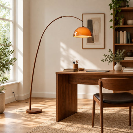 Linden Arc Floor Lamp — study in daylight, lamp on