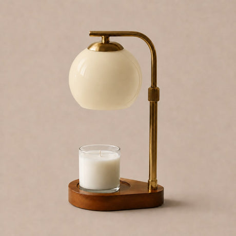 Lumen Candle Warmer Lamp in Beige, brass arm and wood base