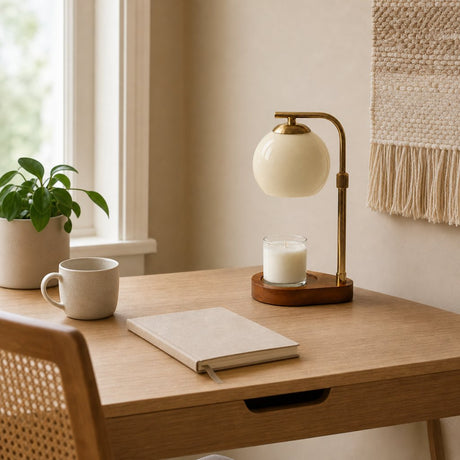 Lumen Candle Warmer Lamp in Beige on a home office desk in daylight