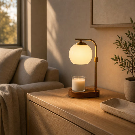 Lumen Candle Warmer Lamp in Beige glowing on a console table at dusk