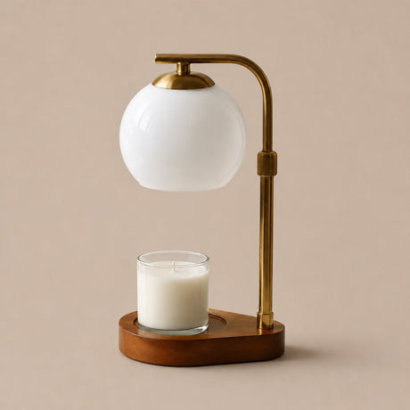 Lumen Candle Warmer Lamp in White, brass arm and wood base