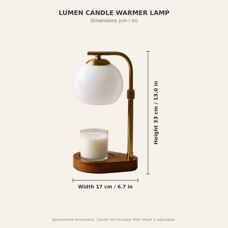 Lumen Candle Warmer Lamp dimensions diagram, 33 cm tall and 17 cm wide