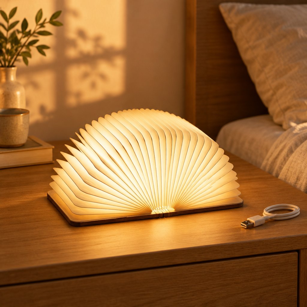 Lumibook Foldable Table Lamp — opened and lit on a bedside table at golden hour
