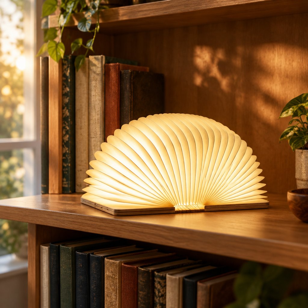 Lumibook Foldable Table Lamp — opened and lit on a bookshelf in early evening