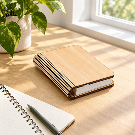 Lumibook Foldable Table Lamp — closed on a desk in daylight, lamp off