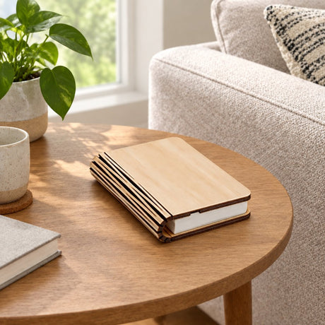 Lumibook Foldable Table Lamp — closed on a side table in daylight, lamp off